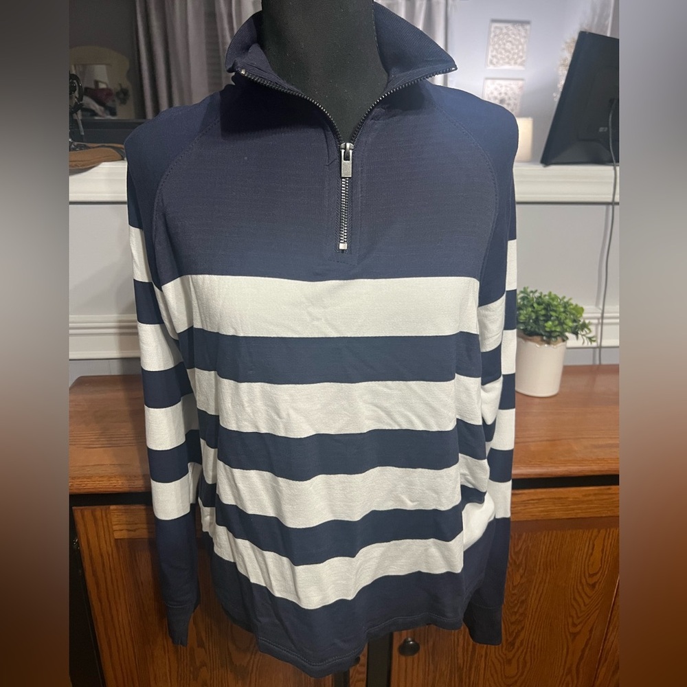 Workshop-Navy & White Striped Quarter-Zip Pullover